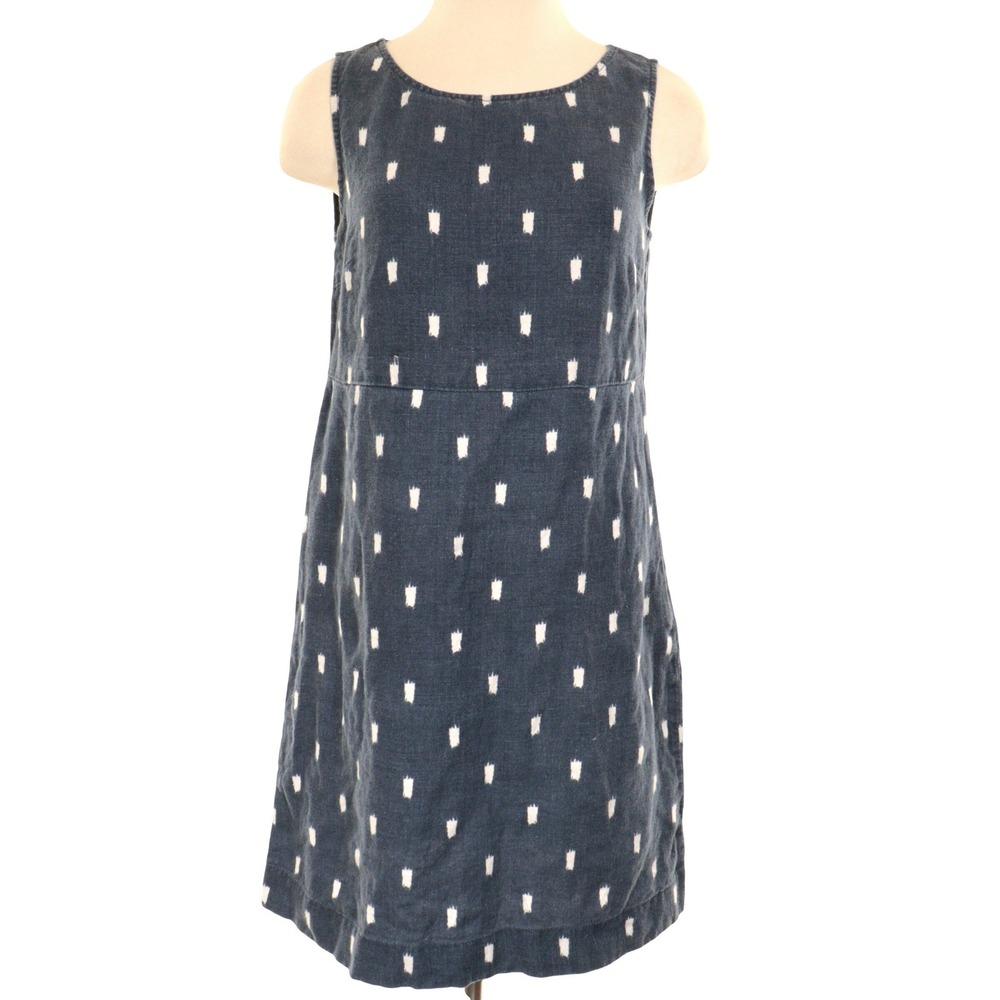 Garnet Hill Linen Boatneck Dress Women 6 Ikat Dash Sleeveless Blue Coastal